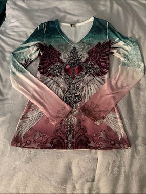Joyce Leslie Y2K Winged Rhinestone Heart Graphic Mesh Long Sleeve Top - Small